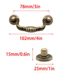 8 Pack 3 Inch Drop Drawer Handles Antique Brass Gold With Mounting Screws for cabinets and furniture, dimensions labeled.