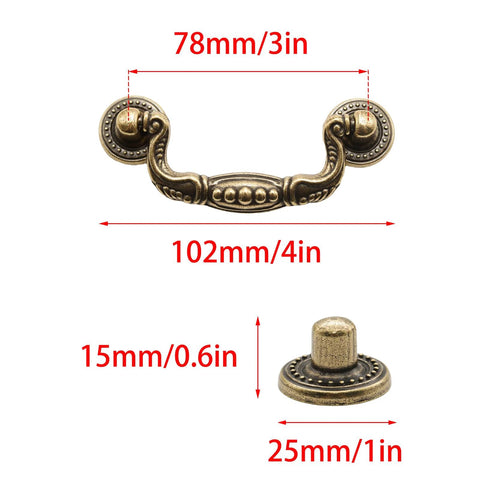 8 Pack 3 Inch Drop Drawer Handles Antique Brass Gold With Mounting Screws for cabinets and furniture, dimensions labeled.