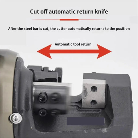 Close-up of Heavy Duty Electric Hydraulic Rebar Cutter With Fast Cutting Speed showing automatic return knife feature.