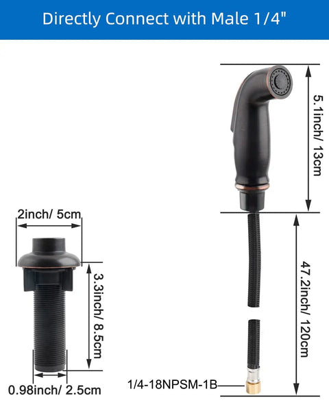 No Fuss Universal Kitchen Sink Side Sprayer Replacement Kit with heavy duty hose and secure bracket in oil rubbed bronze finish.
