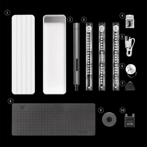 Lithium Precision Electric Screwdriver Kit with LED Light and Magnetic Mat, 56 Bit Set, Extend Bar, tools displayed neatly.