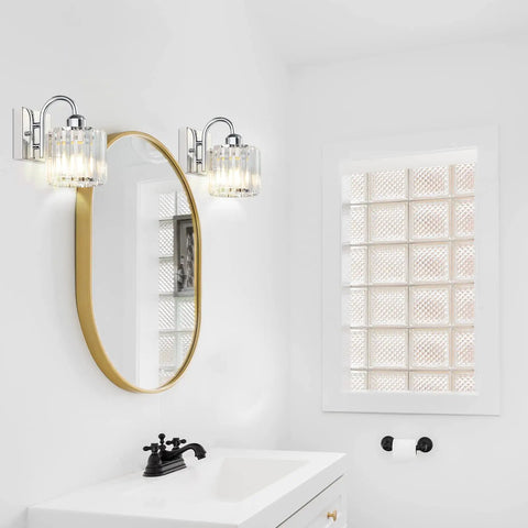 Four Light Chrome Crystal Vanity Light Over Mirror For Bathroom, reflecting in mirror, elegant chrome and crystal design