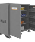 Built Tough Welded Steel Job Site Cabinet, Outdoor Tool Storage Locker With Three Point Lock, Forklift Ready Base, Pre Assembled Contractor Gear Vault, UV Resistant Finish, grey cabinet with open doors and shelves.