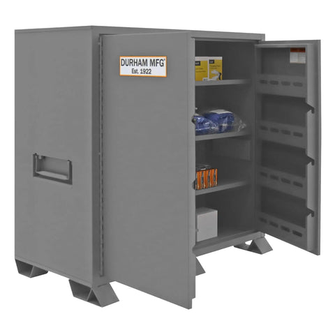 Built Tough Welded Steel Job Site Cabinet, Outdoor Tool Storage Locker With Three Point Lock, Forklift Ready Base, Pre Assembled Contractor Gear Vault, UV Resistant Finish, grey cabinet with open doors and shelves.