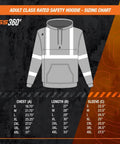American Grit Hi Vis Hoodie for Men Built Tough size chart with measurements for chest, length, and sleeve in small to 4XL sizes