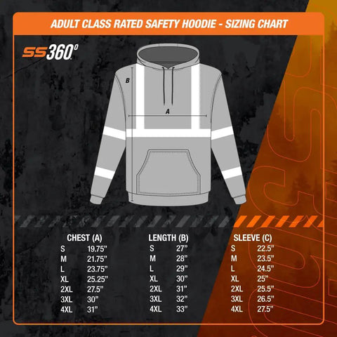 Hi Vis Safety Hoodie For Men Road Crew Ready, Heavy Duty Polyester With Soft Fleece Interior, Class 3 Type R Sizing Chart