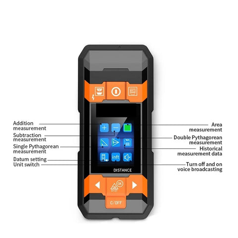 Handheld Wall Scanner And Deep Scan Metal Stud Finder With Automatic Calibration showing measurement functions and buttons.