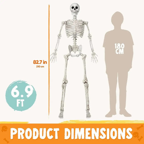 6.9 Foot Poseable Life Size Skeleton For Halloween Decor next to height comparison silhouette with 82.7 inch label