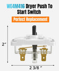 Push To Start Dryer Switch Replacement WE4M416 for Hotpoint Kenmore dryers, white with dimensions.