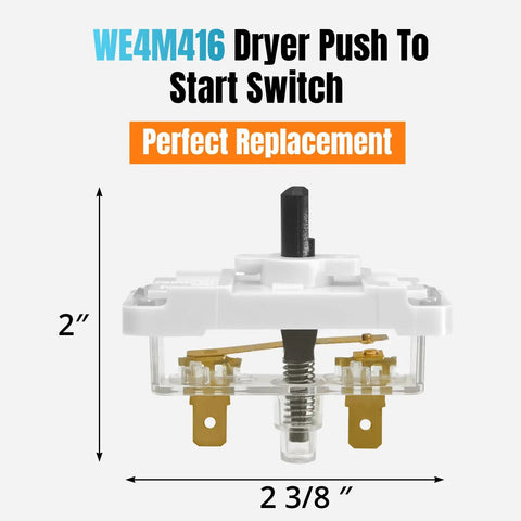Push To Start Dryer Switch Replacement WE4M416 for Hotpoint Kenmore dryers, white with dimensions.