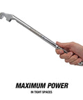 Hand holding Torque Boost Wrench Extender Tool For Tight Spaces Universal Wrench Extension To Loosen Rusted Bolts And Jammed Fasteners