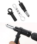 Pop Rivet Gun Adapter Kit For Cordless Drill with accessories and ergonomic grip in use