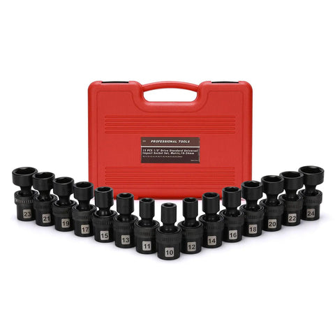Fifteen Piece One Half Inch Drive Universal Impact Socket Set Metric Ten To Twenty Four Millimeter With Swivel Head For Tight Spots Beefy Heavy Duty Chrome Molybdenum Steel Black Phosphate Finish