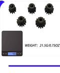 Steel 32P Pinion Gear Set 3.175mm Shaft One Eighth Inch 10T 11T 12T 13T 14T For Redcat Blackout Xte Pro Xbe Pro Sc Pro Volcano Epx Dukono RC Cars Upgrade Pack Beefed Up Performance and scale showing weight of 43.5 grams.