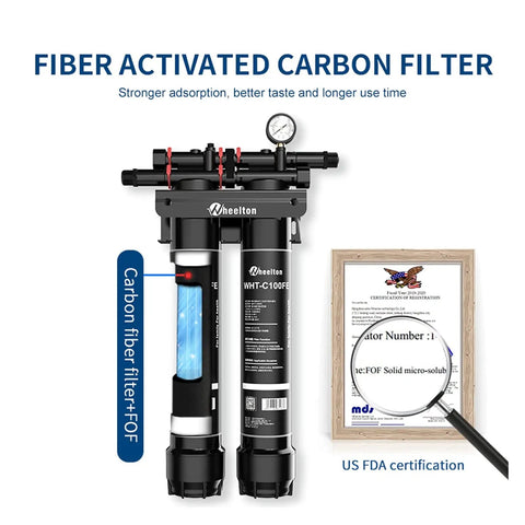Top Shelf Two Stage Water Purification Drops Chlorine Rust Hard Scale And Bad Taste No Sweat Smooth Sixty Ton Capacity Ten Liter Per Minute Flow For Home Or Cafe with fiber activated carbon filter and certification.