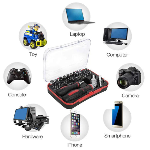 61 In 1 Ratcheting Screwdriver Set With Magnetic Bits And Rotatable Handles Sockets And Bits For Computers Electronics And Furniture Home Repair Kit Built For Quick Fixes And Everyday DIY Projects with compatible devices listed: laptop, computer, smartphone, camera, iPhone, console, toy, and hardware
