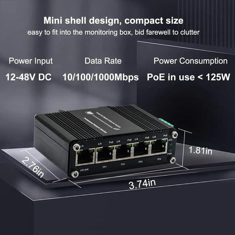 Mini Five Port PoE Gigabit Industrial Ethernet Switch Built Tough For Harsh Environments compact design dimensions labeled
