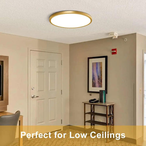 Room with Two Pack 12 Inch Gold Flush Mount Led Ceiling Lights, Ultra Thin Round Flat Fixture, modern decor, low ceiling.