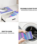 Folding and storing a microfiber kitchen pad in a drawer, illustrating machine washing of a Wood Grain Print Dish Drying Mat 16x18 Inches.