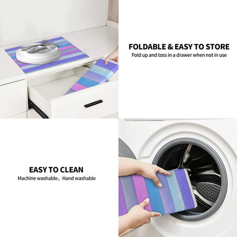 Folding and storing a microfiber kitchen pad in a drawer, illustrating machine washing of a Wood Grain Print Dish Drying Mat 16x18 Inches.