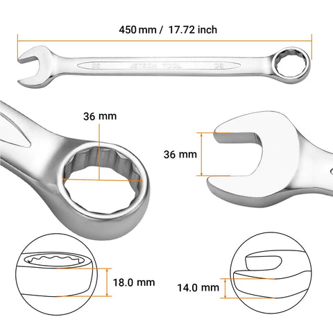 36mm Metric 12 Point Box End Wrench With 15 Degree Offset Chrome Vanadium Steel Industrial Grade Built To Last details and dimensions
