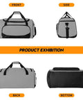 Built Tough 55L Duffle Bag For Men Large Gym Duffel For Workout Sports And Travel Gear Gray multi-pocket, all angles shown