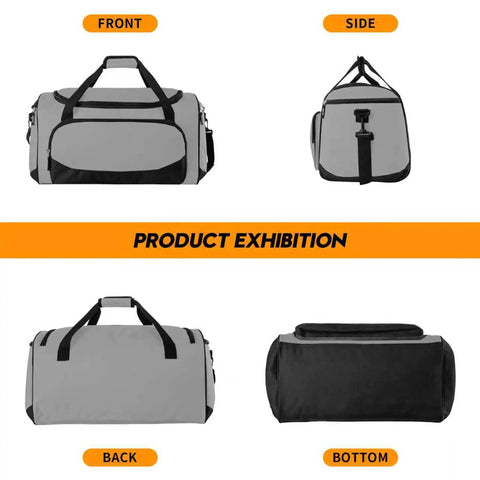 Built Tough 55L Duffle Bag For Men Large Gym Duffel For Workout Sports And Travel Gear Gray multi-pocket, all angles shown