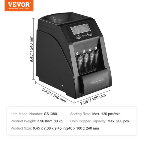 Coin Sorter And Counter Machine For Pennies Nickels Dimes Quarters With LCD Display Fast Sorting Up To 230 Coins Per Minute