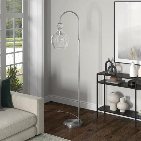 Arc Floor Lamp With Glass Seeded Shade In Brushed Nickel Finish For Living Room, Bedroom Or Home Office, 8 Ft Cord, E26 Base Bulb Compatible