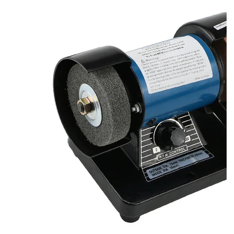 A Straight Up Rock Solid Mini Bench Grinder With A Beefy 150W Engine And Adjustable Speed for jade work, showing motor and wheel.