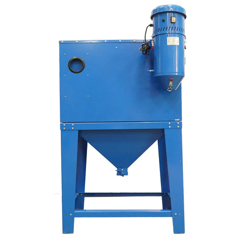 Badass 1.75 HP Dust Collector For Sand Blast Cabinet Reclamation Systems And Media Blasters Chews Up Five Micron Grime In A Flash Comes Loaded With A Roomy Two Gallon Bin To Keep Your Workspace Crisp And Spotless. Blue steel dust collector with 1.75 HP motor and two gallon bin.