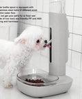 Height Adjustable 680 Ml Pet Water Dispenser And Automatic Food Feeder For Puppies Kittens And Rabbits Featuring Detachable Bowl with a small dog drinking.
