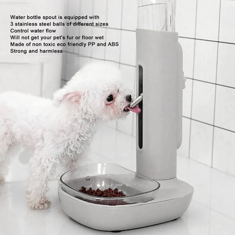 Height Adjustable 680 Ml Pet Water Dispenser And Automatic Food Feeder For Puppies Kittens And Rabbits Featuring Detachable Bowl with a small dog drinking.