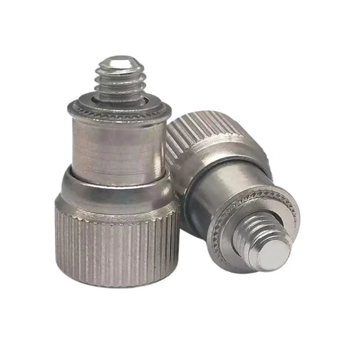 Stainless Steel Captive Panel Screws Featuring Knurled Thumb Knobs And Spring Loaded Action Premium Metric Fasteners close-up view of two screws.