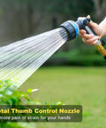 Person using Heavy Duty Garden Hose Nozzle With Beefy Metal Build 10 Spray Patterns Thumb Control And On Off Valve High Pressure Water Sprayer