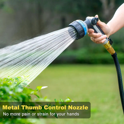 Person using Heavy Duty Garden Hose Nozzle With Beefy Metal Build 10 Spray Patterns Thumb Control And On Off Valve High Pressure Water Sprayer