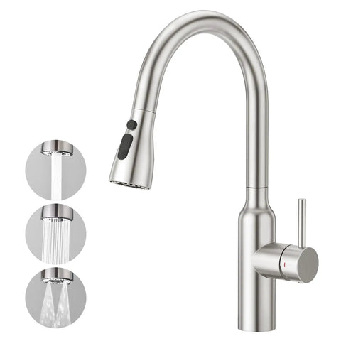Brushed Nickel Kitchen Faucet With Pull Down Sprayer, Small High Arc, RV Ready, Stainless Steel Single Handle Pull Down Faucet, 3 Function Nozzle With Flow, Spray, Blade, 20 Inch Flexible Hose, Easy Clean, Durable Go To Kitchen Sink Tap