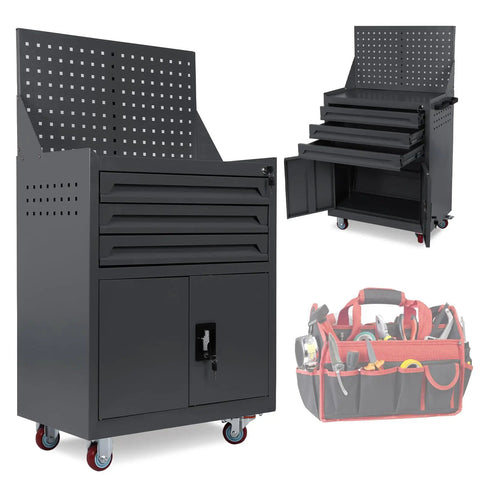Beefy 27.5 Inch Rolling Tool Chest With 3 Drawers And Locking System Portable Steel Tool Cabinet With Liners Wheels And Top Tray For Garage And Warehouse Durable Black And Blue, front view