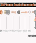 Diagram of XT40 Plasma Torch Consumables, featuring Drag Shield 40A For Miller Spectrum 625 X-Treme Plasma Cutter XT40 Torch Kit Two Pack Hobart AirForce 40i XT40R Compatible Replacement Shield For Cleaner Smoother Cuts and other parts in alignment.