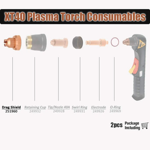 Diagram of XT40 Plasma Torch Consumables, featuring Drag Shield 40A For Miller Spectrum 625 X-Treme Plasma Cutter XT40 Torch Kit Two Pack Hobart AirForce 40i XT40R Compatible Replacement Shield For Cleaner Smoother Cuts and other parts in alignment.