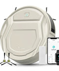 Slim Quiet Robot Vacuum With 2200Pa Suction For Pet Hair, Cleans Hard Floors And Carpets Easily, Self-Adjusting Rubber Brushes, 3 Adjustable Suction Levels, WiFi App Alexa iWatch Control, M210 Pro shown with accessories, smartphone, and smartwatch.
