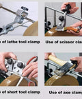 Demonstration of lathe, scissor, short tool, and axe clamps on Heavy Duty 10 Inch Water Cooled Knife Sharpener.