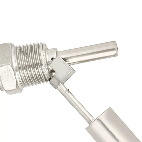 Close-up of Beefy Liquid Level Sensor Stainless Steel Water Level Switch 110V 1/2 NPT Male Thread for Tank Pool Pond Garden Irrigation.
