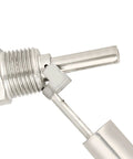 Close-up of side mounted liquid water level sensor with floating switch, stainless steel, showing threading and part of float.