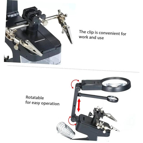 Adjustable Rechargeable LED Work Light with Magnifier and secure clamp for mechanics soldering with rotatable function.