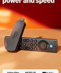Next Level 4K Streaming Device With AI Powered Search And Wifi 6E Support For Crisp Live TV Without Cable Or Satellite Plus Voice Guided Home Theater Setup For Chill Binge Watching Nights, featuring a black streaming stick and remote.