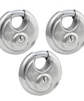 Shrouded Stainless Steel Disk Padlock 2.75 Inch Wide Body Keyed Alike Heavy Duty Indoor Outdoor Storage Lock For Garage Shed And Trailer Pack Of 3 Weatherproof Corrosion Resistant Finish