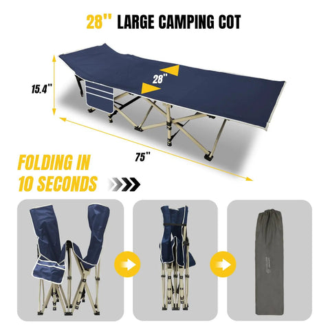 Heavy Duty Folding Camping Cot For Adults 600 Lb Max Load 28 Inch Wide With Removable Thick Mattress Portable Bed with Carry Bag