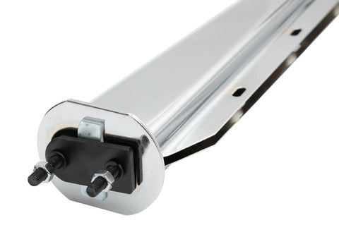 Slick Chrome Straight Spring Loaded Mud Flap Hanger With Two Point Five Bolt Spacing And Thirty Inch Length featuring heavy coil spring.