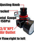 Three Eighth Inch NPT Air Pressure Regulator With Gauge 0 To 145 PSI For Compressor, High Flow 106 SCFM, bracket, adjusting knob